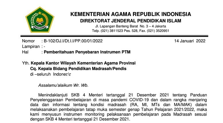 Surat Edaran Instrumen Monitoring PTM Semester Genap TP. 2021/2022